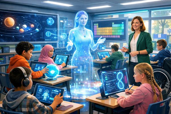 AI-powered K-12 classroom with interactive holograms and engaged students