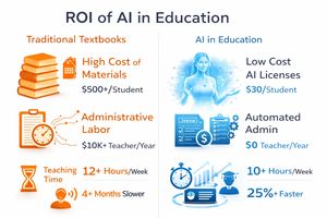 Infographic comparing ROI of traditional textbooks vs. AI in K-12 education, showing cost savings and efficiency gains