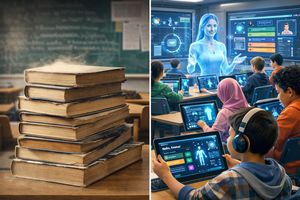Contrast between traditional textbooks and modern AI-driven K-12 learning tools