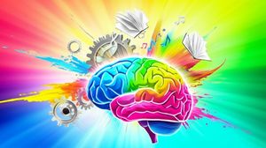 Abstract illustration of a brain with light rays, gears, and books symbolizing imagination in education.