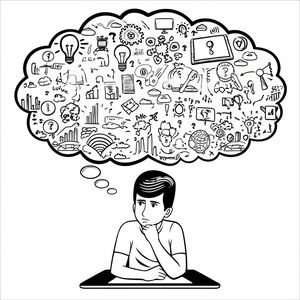 Student engaged in deep thought, with abstract thought bubbles representing imaginative problem-solving.