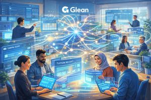 Glean-inspired illustration of autonomous AI agents reducing administrative burden and enhancing information accessibility in a university setting.