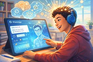 A student engaged with Khanmigo, an autonomous AI Socratic tutor, demonstrating personalized and active learning in a K-12 setting.