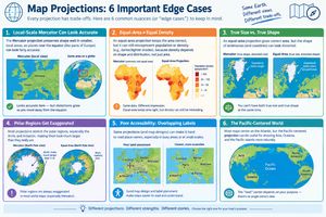 Multi-panel graphic demonstrating six technical nuances of map projections, including local Mercator accuracy, choropleth misrepresentation, shape vs. area, polar distortion, poor accessibility, and shifting map centers.