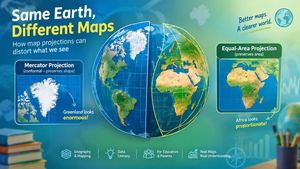 Thumbnail showing a globe with overlaid projections, comparing distorted Greenland on a Mercator map with a true-size Africa from an equal-area map.