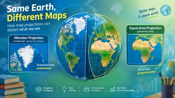 Thumbnail showing a globe with overlaid projections, comparing distorted Greenland on a Mercator map with a true-size Africa from an equal-area map.