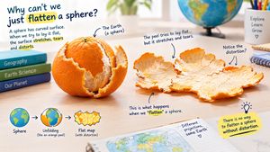 Image depicting an orange peel being flattened to illustrate the inherent distortion when translating a sphere to a 2D surface.