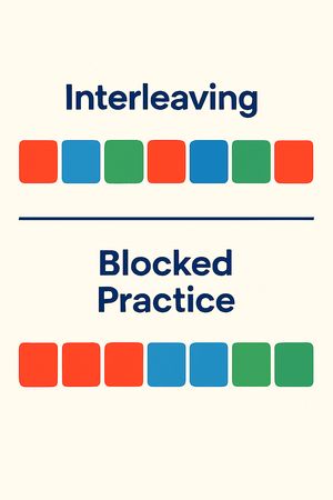 Comparison illustration: Interleaving shows mixed colored blocks (A, B, C, A, C, B) versus Blocked Practice showing grouped colored blocks (A, A, A, B, B, B), symbolizing different study methods.