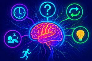 Abstract illustration of a glowing brain connected to symbols for learning routines: clock, question mark, intertwined arrows, lightbulb, sleeping and running figures.