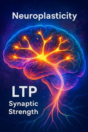 Illustration of a human brain with highlighted, strengthening neural pathways, representing neuroplasticity and Long-Term Potentiation (LTP).