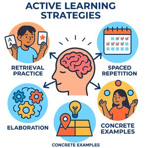 Infographic showing five active learning strategies: retrieval practice, spaced repetition, elaboration, interleaving, and concrete examples.