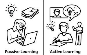 Visual comparison of passive learning (dim lightbulb, bored expression) versus active learning (bright lightbulb, engaged action).