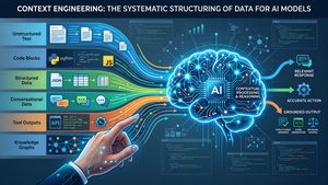 A visual metaphor for context engineering, showing organized data flowing into an AI brain.