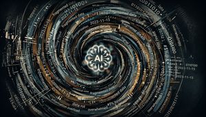 Chaotic vortex of data overwhelming an AI, symbolizing context rot and distraction.