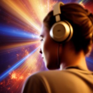 Person wearing headphones, surrounded by abstract light representing unfolding stories and imagination.