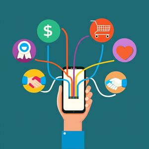 Hand holding a smartphone with lines leading to icons for ad revenue, merchandise, sponsorships, donations, and subscriptions, illustrating creator monetization.