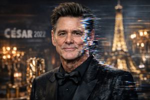 Jim Carrey at César Awards with digital glitch effect, symbolizing clone conspiracy and digital age misinformation.