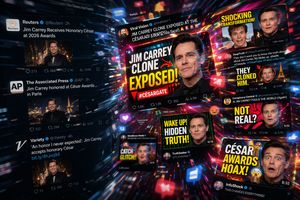 Social media feed showing viral conspiracy theories overpowering small, verified news headlines.