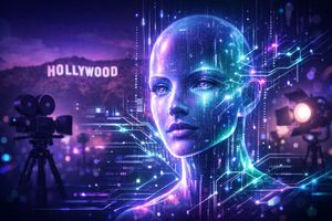 Holographic human-like face emerging from digital code over Hollywood skyline, representing synthetic celebrities.