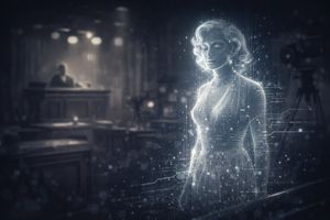 Spectral AI figure of a deceased celebrity in a digital courtroom, symbolizing digital necromancy ethics.