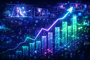 Illustration of a rapidly growing synthetic media market with glowing graphs and digital screens.