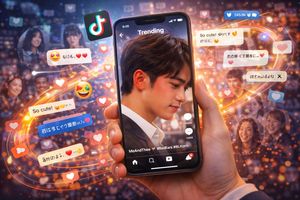 TikTok screen showing Pond's 'red ears' moment, surrounded by global social media engagement, emojis, and diverse faces, symbolizing viral crossover appeal.