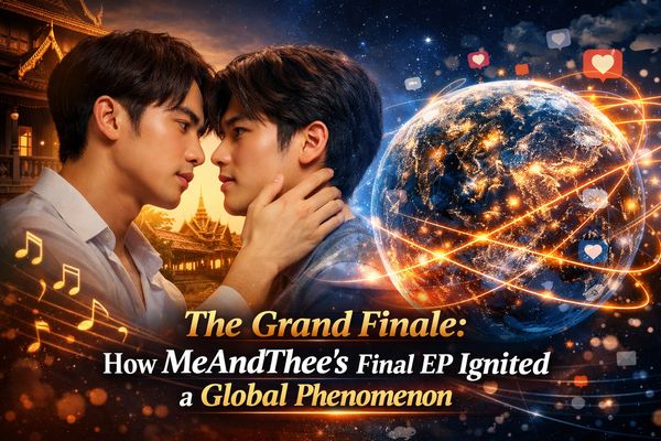 MeAndThee final EP global phenomenon, Pond and Phuwin intimate scene with world map overlay, viral entertainment
