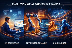 Infographic comparing e-commerce, automated finance, and acommerce with AI agents