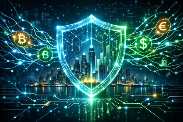 Cybersecurity shield protecting a futuristic financial city against AI threats