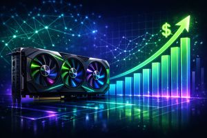 NVIDIA DLSS 5 GPU with an upward trend financial graph, symbolizing gaming tech investment ROI.