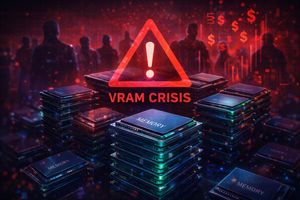 Depiction of the 2026 VRAM crisis with memory chip stacks and a red warning, highlighting scarcity and scalper premiums.
