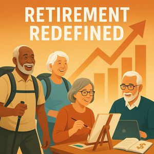Retirement Redefined: Active seniors enjoying life with financial charts in background