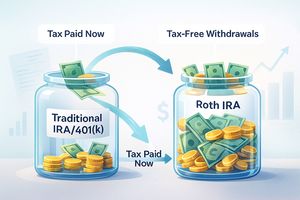 Two jars representing Traditional and Roth IRAs, with money flowing from Traditional to Roth, illustrating a Roth conversion and tax-free withdrawals.