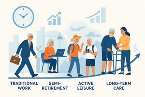 Illustrative timeline showing stages of modern retirement: work, semi-retirement, leisure, and long-term care, with symbols for longevity and costs.