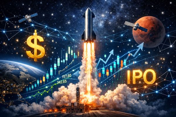 SpaceX IPO rocket launching into space with financial data and satellites