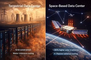 Comparison between terrestrial and space-based data centers, highlighting orbital advantages for AI.