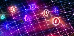 Dynamic network of glowing nodes and digital coins representing cryptocurrencies and blockchain technology.