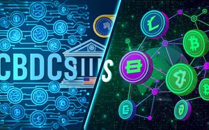 Digital Currency Divide: CBDCs vs. Crypto, illustrating centralized control vs. decentralized networks.