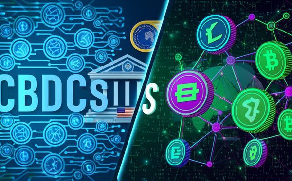 Digital Currency Divide: CBDCs vs. Crypto, illustrating centralized control vs. decentralized networks.
