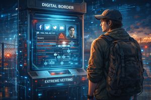 A traveler at an automated border kiosk undergoing 'Extreme Vetting,' with holographic displays of social media, IP addresses, and personal data.