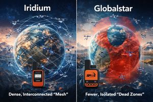 Comparison of Iridium mesh network with interconnected satellites and Globalstar bent-pipe network with fewer connections, illustrating coverage differences.