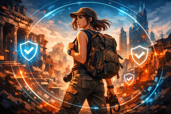 Thumbnail: Solo female traveler with digital safety overlay in a vibrant, secure urban conflict zone setting