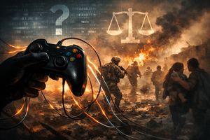 Ethical obligations in war-themed video games, depicting a game controller linked to a battlefield with soldiers and civilians.