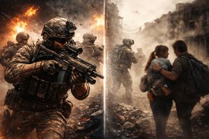 Contrasting images of military realism in games: one side showing detailed tactical combat, the other subtly hinting at civilian suffering and war's real costs.