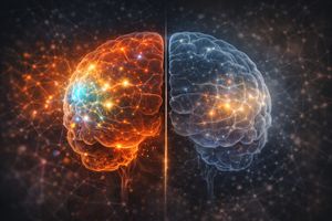 Abstract visualization of a brain with areas showing normal activity contrasted with areas showing dampened P3 component activity, representing desensitization from violent video games.