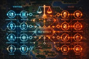 A visual representation of Ultima IV's virtue system with abstract ethical symbols, showcasing cumulative moral choices in early video games.