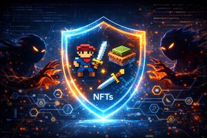Digital shield protecting NFTs from cyber threats, symbolizing strong blockchain security in gaming.
