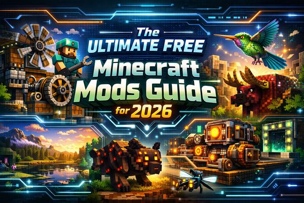 Minecraft character looking at a futuristic interface showcasing various mods like shaders, machinery, and new creatures, representing the 'ultimate free mods guide' for 2026 with 'Steam-style' downloads.