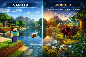 Split image comparing bland vanilla Minecraft with a visually stunning modded version featuring shaders, improved performance, and new biomes, showcasing the impact of free mods.