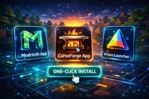 Holographic display showing icons for Modrinth, CurseForge, and Prism Launchers with a 'one-click install' button, illustrating the simplified mod installation process.